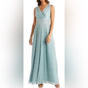 R&M Richards Pale Aqua Pleated V-Neck Maxi Dress